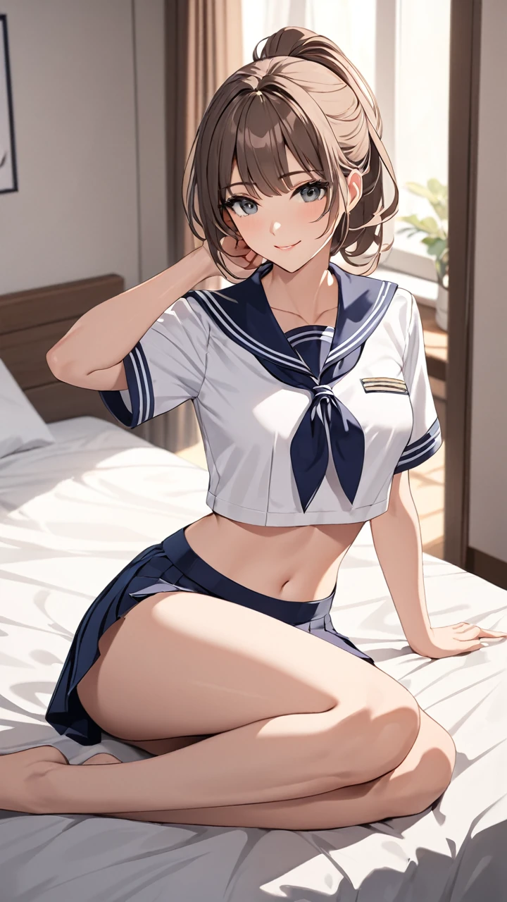 Highest quality masterpiece High resolution masterpiece Brown Bob Grey Eyes, high pony tail cut, wearing sailor uniform, seductive smile, tight, sit, bedroom, midriff peek, mature female, adjusting hair