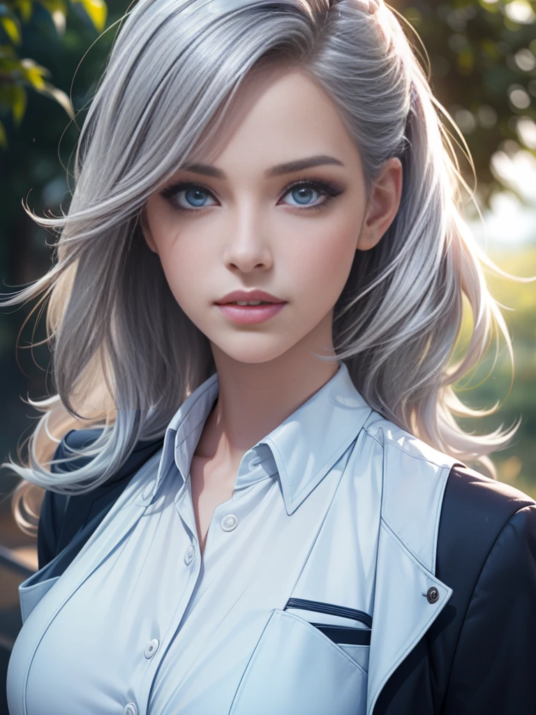 (Best quality,ultra detailed,photorealistic:1.37),Bright and rich colors, studio lighting, playful facial expression, stylish makeup ,( Business jacket ) ,silver hair blowing in the wind, inviting eyes, glossy lips, sexy pose, ,posing for a professional photo shoot ,shallow depth of field, highlighting the main subject, soft natural light ,Creating a dreamy and magical atmosphere. ((Very )),weak unhealthy ,(((Very тонкий))) excited