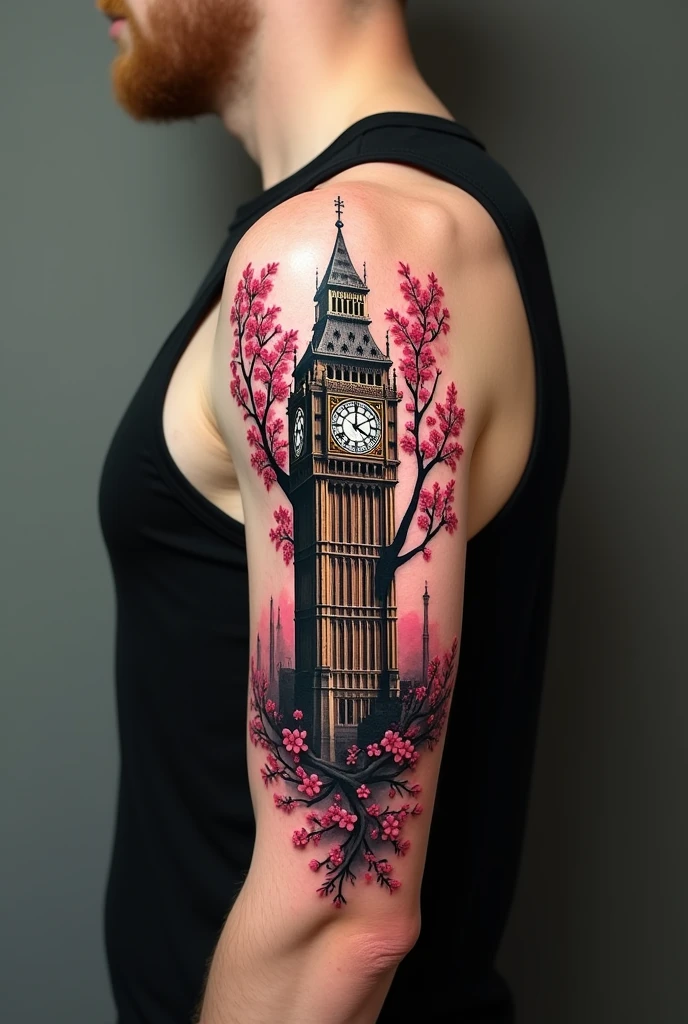 The Big Ben circle entwined in the high branches of a cherry tree tattooed on the shoulder and running down the arm