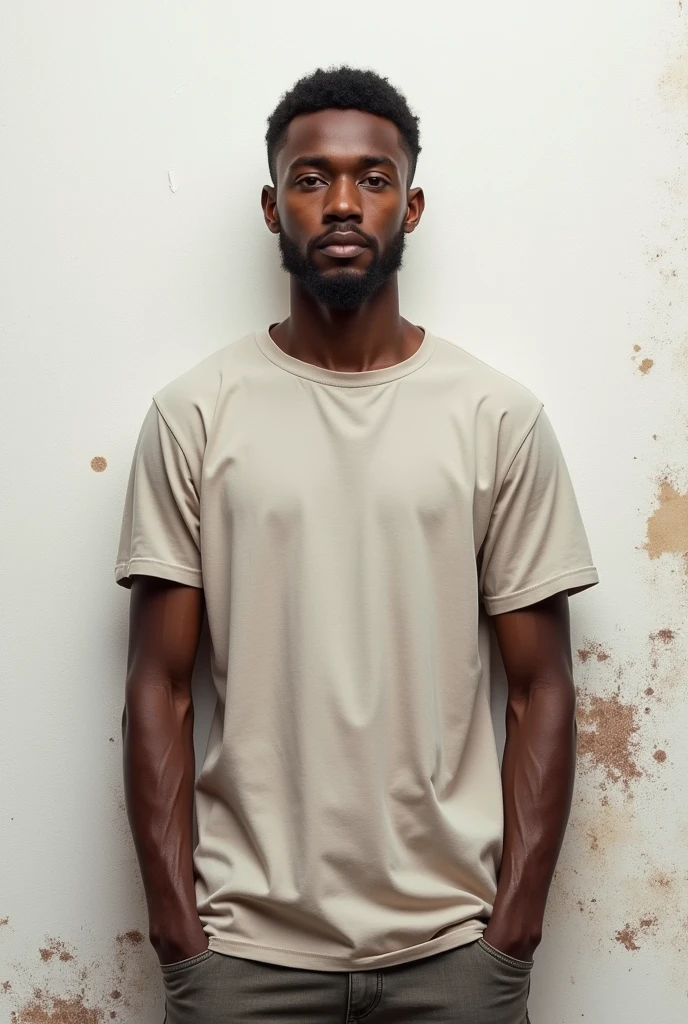 A 22 years old ethiopian brown skinned lean boy, wearing a shirt standing in-front of a white wall that have a stain near his shoulder show his fully body from head to toe, and put the same guy next to him but make it taller, make it realistic