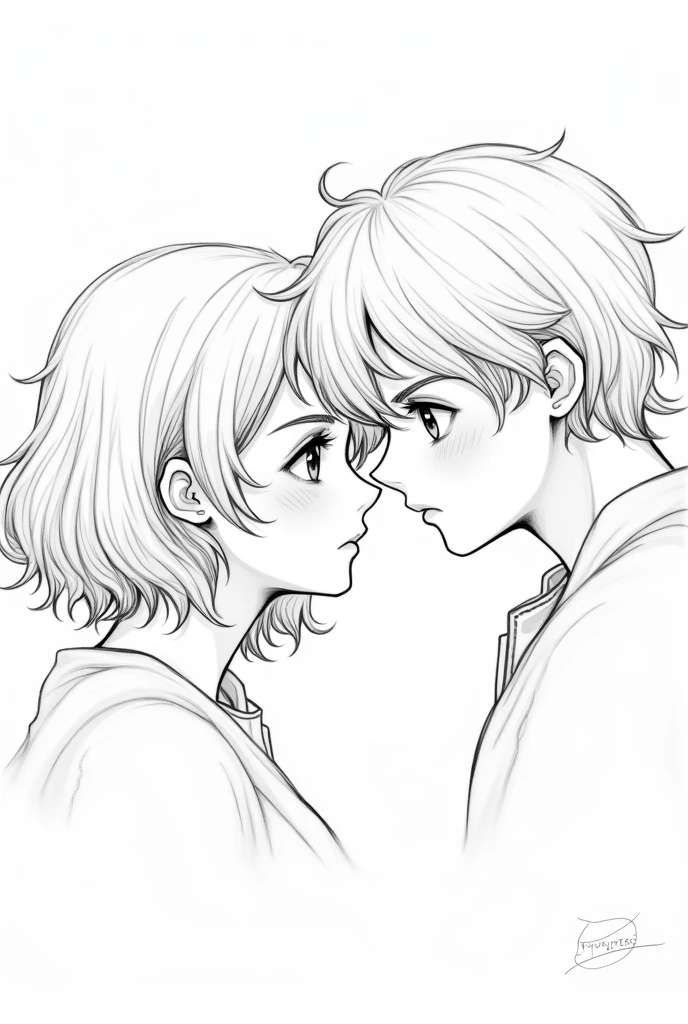 A black and white drawing of a couple looking at each other, She has bangs, her face is fuller, and her eyes are big and she has wavy blonde hair, and voluminous hair