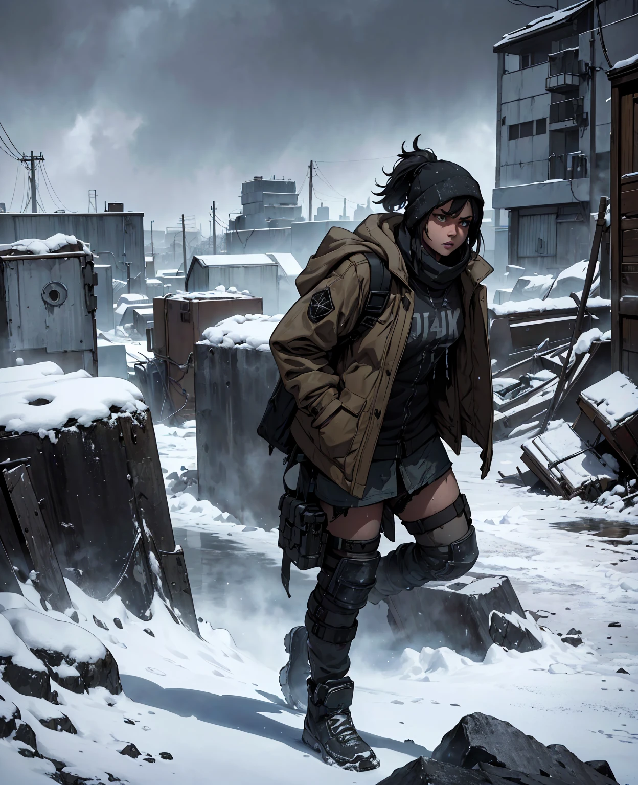 a snowy post-apocalyptic landscape, 1 tomboy girl with dirty clothes, detailed face, dark atmosphere, cinematic lighting, moody, gritty, desaturated colors, (best quality,4k,8k,highres,masterpiece:1.2),ultra-detailed,(realistic,photorealistic,photo-realistic:1.37)