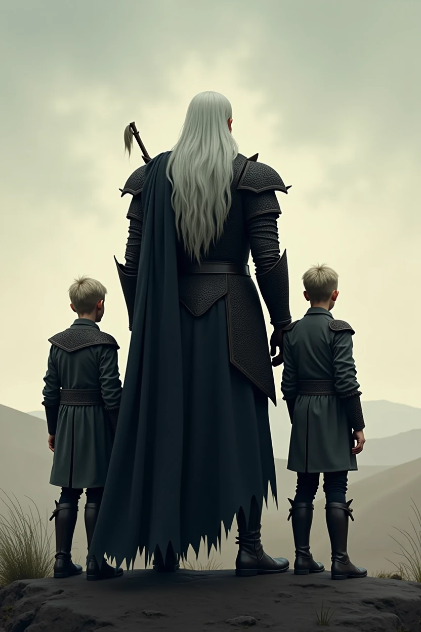 Three people with their backs turned, Father and sons,A large white-haired man with black armor, below the children, 2 twin 5-year-old children looking at the horizon.