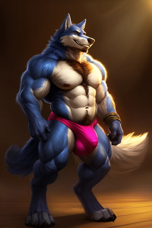 4k, high resolution, best quality, perfect lighting, solo, anthro, wolf, furry body, fluffy tail, male, adult, (bulky, thick muscles:1.25), (biceps, huge pecs, broad shoulders:1.1), (thick legs, thick calves:1.1), (digitigrade legs, 4 toes:1.2), (big bulge), perfect colors, (photorealistic fur, detailed fur, epic, masterpiece), (suggestive posing:1.2), (seductive smile, lustful grin 1.3), chest hair, navel hair, facial hair, detailed wolf eyes, by k0suna, by darkgem