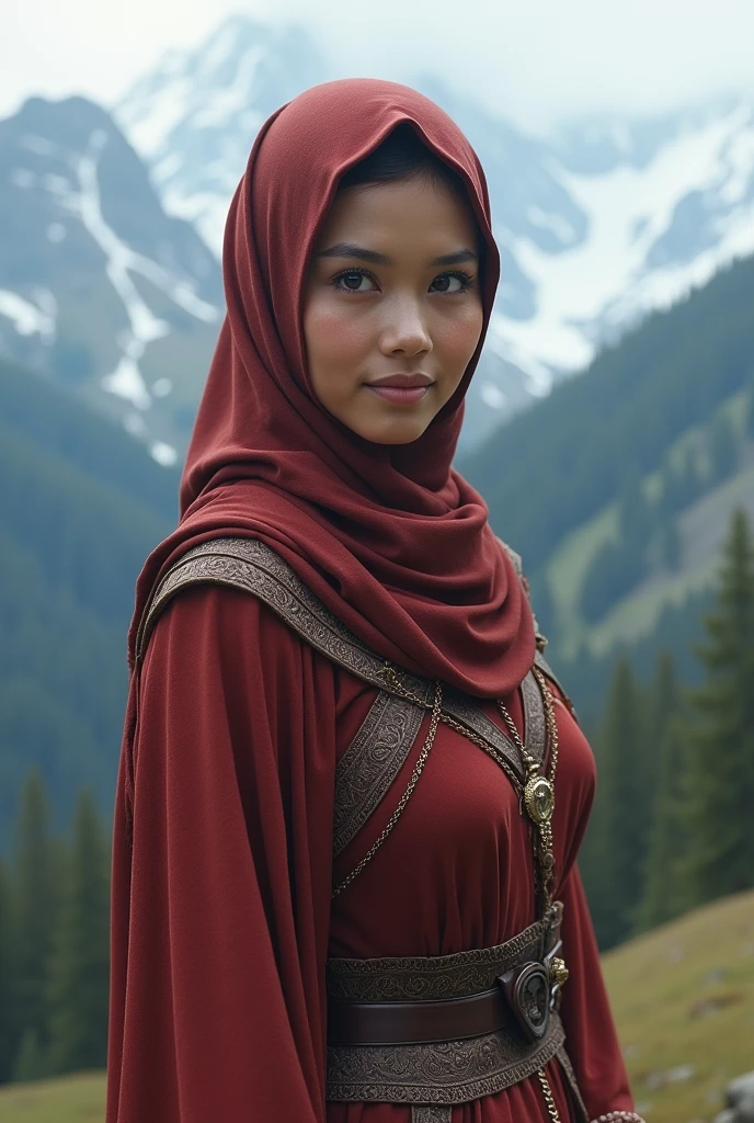 (I:0.8), raw, best quality, high resolution, Masterpiece: 1.3, Beautiful and cute hijab princess of Java in sexy Skyrim, Masterpiece, Perfectly slim shape, beautiful big eyes, soft smile