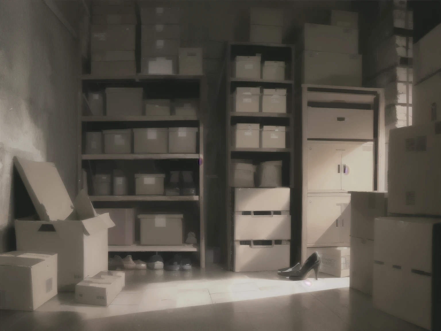 storeroom, boxes, old things, shoes, darkness,