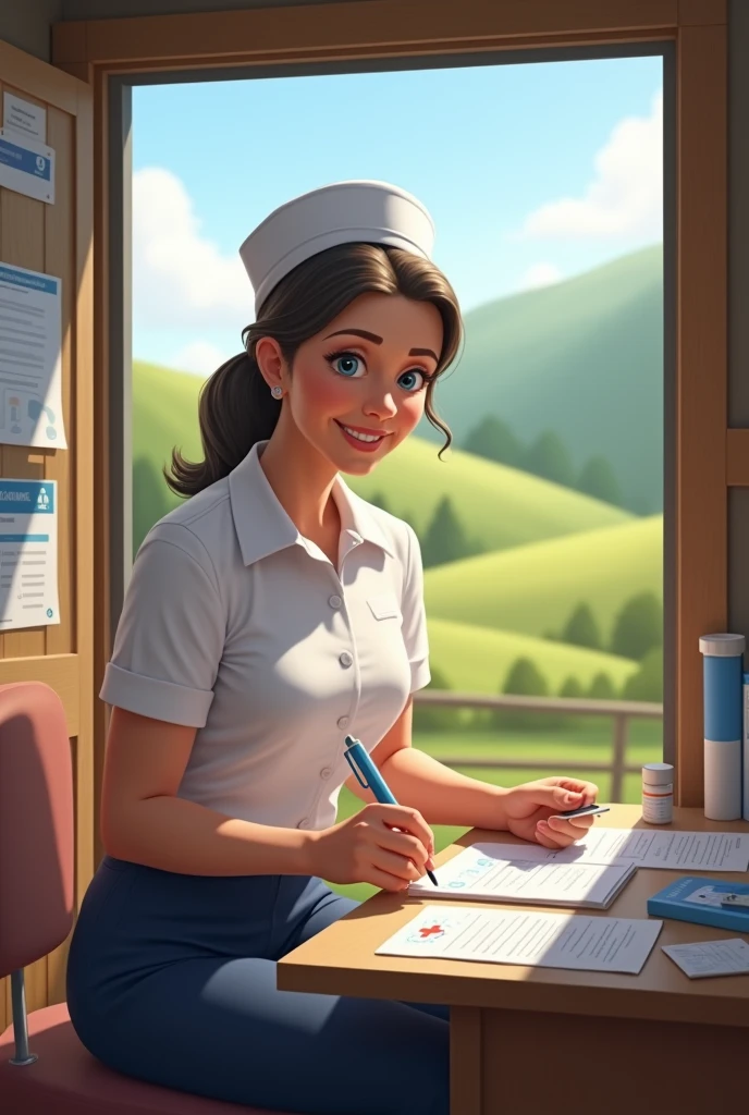 Community nurse in a rural area wearing a white uniform and navy blue pants filling out vaccination forms
