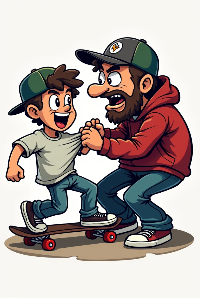 i want an image for a logo, with a skater being held by the shirt by a hater in an aggressive way in the form of a carton