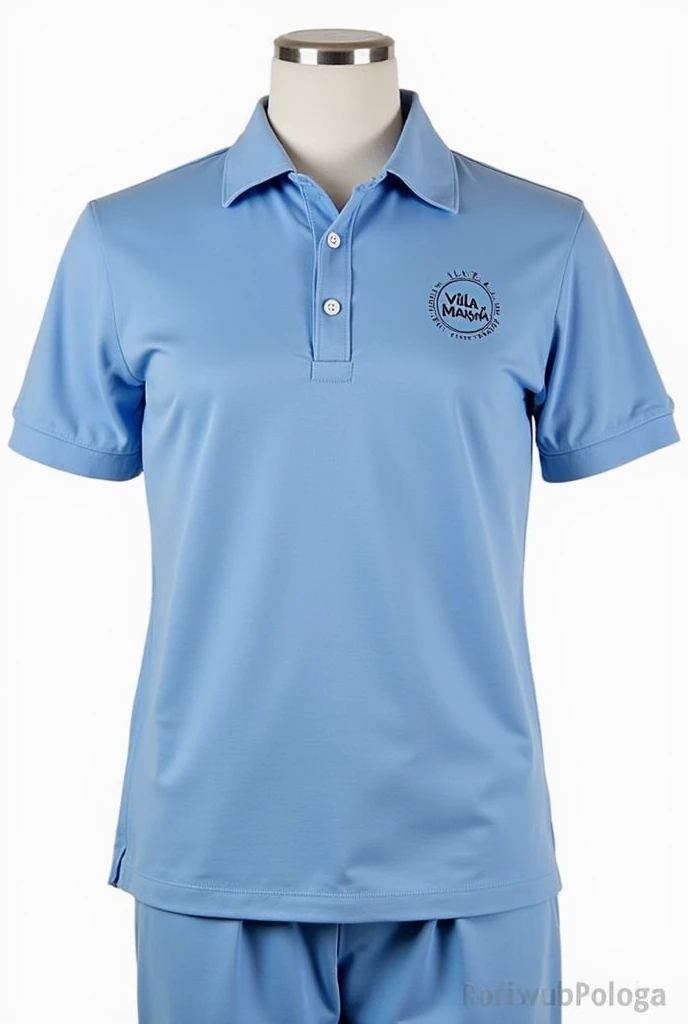 Design a complete uniform for a drugstore called Villa Magna with blue and white colors and a logo that says Villa Magna, with the shirt being a polo shirt and pants