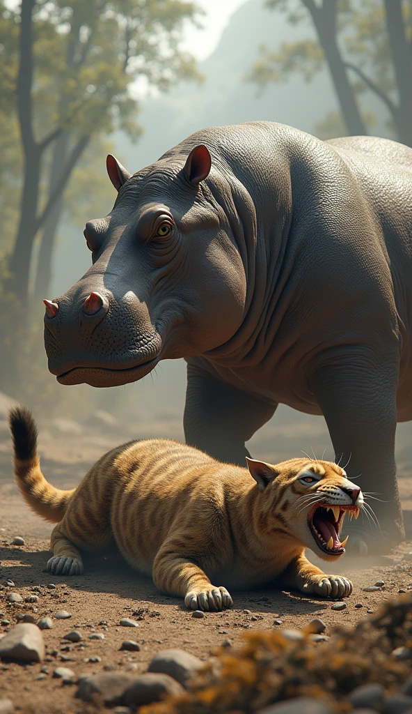 Hyper-realistic scene of a saber-toothed cat lying defeated on the ground after losing a battle against a powerful, victorious hippopotamus. The saber-toothed cat has realistic fur, sharp teeth, and a muscular build, but it is weak and exhausted on the ground. The victorious hippopotamus is standing tall and strong nearby, showcasing its immense power with a realistic, rugged texture on its skin. The scene should capture the intensity of the battle, with the animals set in a natural prehistoric landscape. Ultra-detailed, realistic lighting and shading, showing the ferocity of nature in MidJourney style.