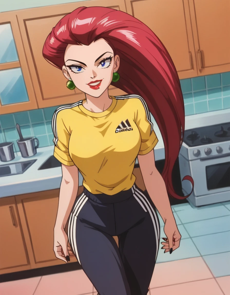 score_9, score_8_up, score_7_up, score_6_up, score_5_up, score_4_up, BREAK ((wearing a yellow tshirt)),  source_anime, anime screencap, anime coloring, PMJessie, red hair, long hair, earrings, blue eyes, red lips, breasts, lipstick, makeup, earrings, (Modern kitchen:1.5), kitchen background, best quality, expressive eyes, , realistic BREAK 1girl, solo. (Adidas pants:1.5), (black pants), . looking at viewer, dutch angle, looking up, smile, (big hips), hourglass body, happy, thigh gap, lips, red lips, lipstick,  BREAK parted lips,nail polish, ((narrow waist)), looking at viewer, thighs, indoors, 