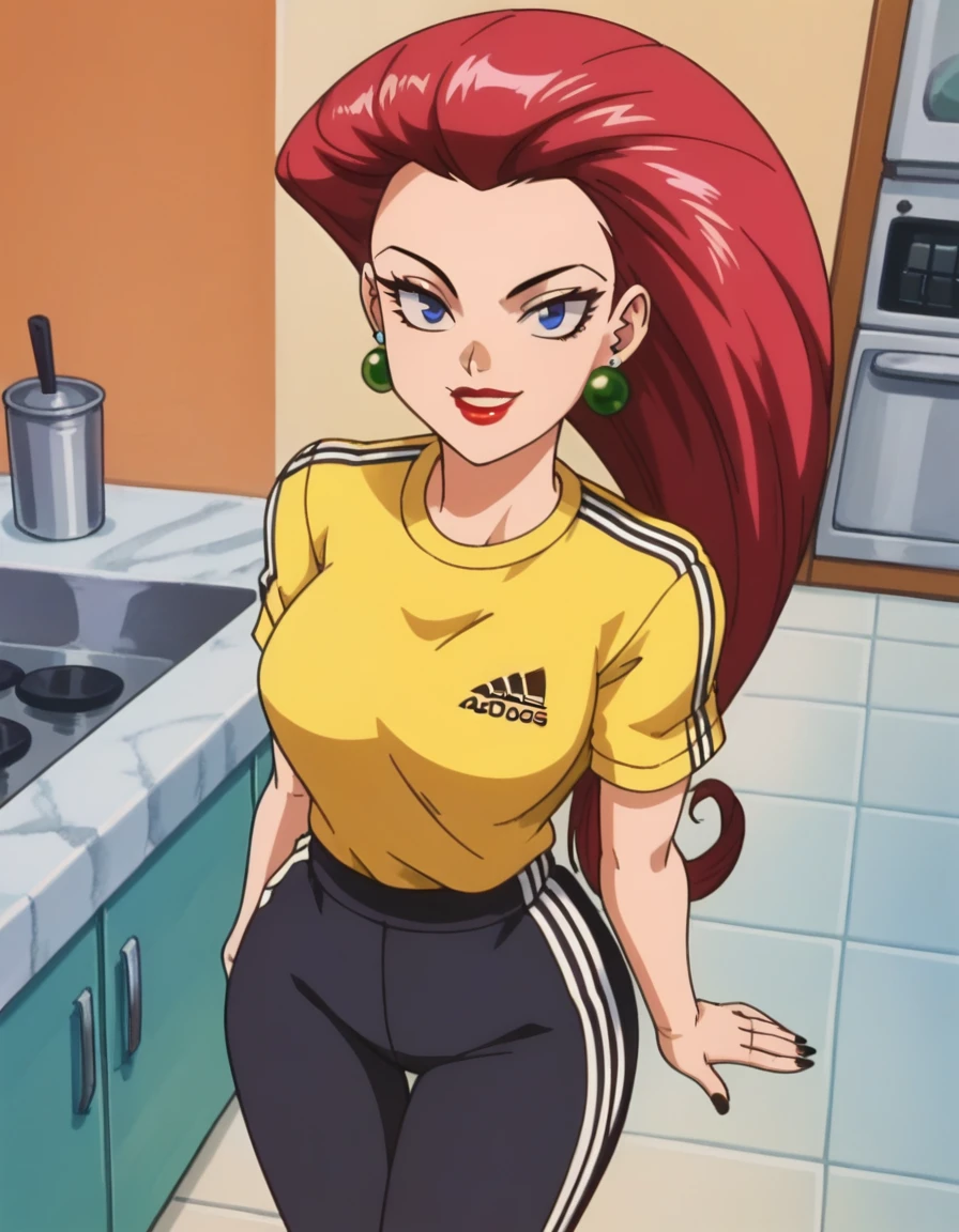 score_9, score_8_up, score_7_up, score_6_up, score_5_up, score_4_up, BREAK ((wearing a yellow tshirt)),  source_anime, anime screencap, anime coloring, PMJessie, red hair, long hair, earrings, blue eyes, red lips, breasts, lipstick, makeup, earrings, (Modern kitchen:1.5), kitchen background, best quality, expressive eyes, , realistic BREAK 1girl, solo. (Adidas pants:1.5), (black pants), . looking at viewer, dutch angle, looking up, smile, (big hips), hourglass body, happy, thigh gap, lips, red lips, lipstick,  BREAK parted lips,nail polish, ((narrow waist)), looking at viewer, thighs, indoors, 