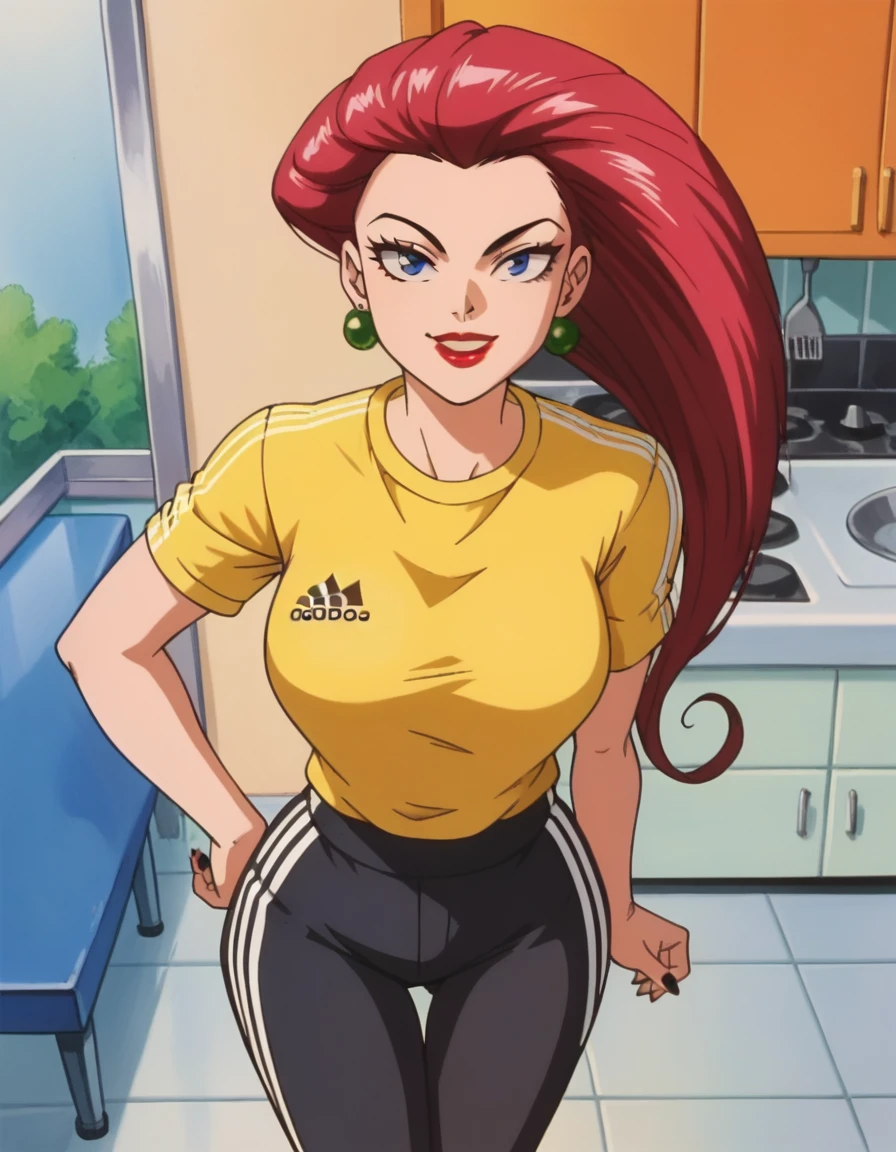 score_9, score_8_up, score_7_up, score_6_up, score_5_up, score_4_up, BREAK ((wearing a yellow tshirt)),  source_anime, anime screencap, anime coloring, PMJessie, red hair, long hair, earrings, blue eyes, red lips, breasts, lipstick, makeup, earrings, (Modern kitchen:1.5), kitchen background, best quality, expressive eyes, , realistic BREAK 1girl, solo. (Adidas pants:1.5), (black pants), . looking at viewer, dutch angle, looking up, smile, (big hips), hourglass body, happy, thigh gap, lips, red lips, lipstick,  BREAK parted lips,nail polish, ((narrow waist)), looking at viewer, thighs, indoors, 