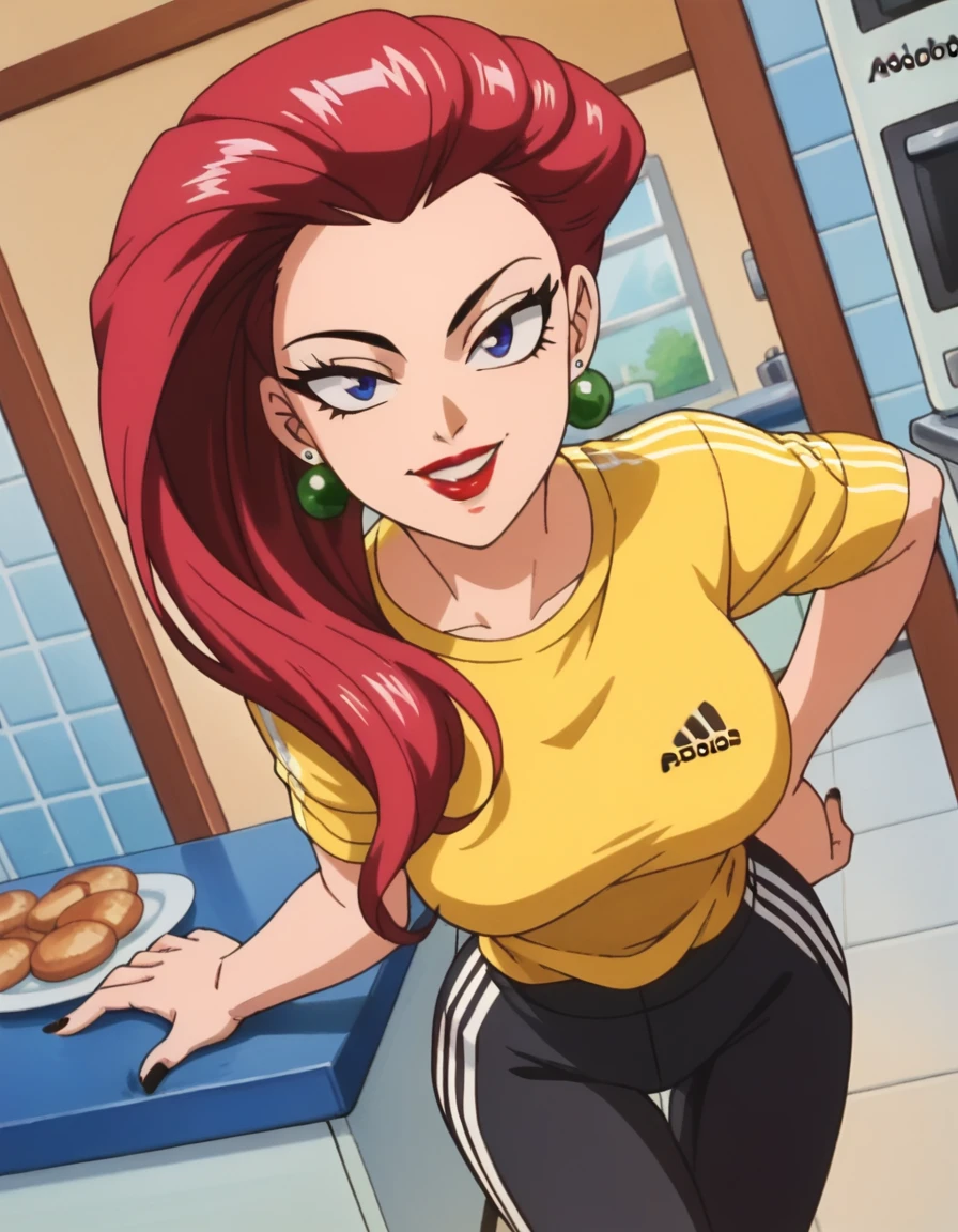 score_9, score_8_up, score_7_up, score_6_up, score_5_up, score_4_up, BREAK ((wearing a yellow tshirt)),  source_anime, anime screencap, anime coloring, PMJessie, red hair, long hair, earrings, blue eyes, red lips, breasts, lipstick, makeup, earrings, (Modern kitchen:1.5), kitchen background, best quality, expressive eyes, , realistic BREAK 1girl, solo. (Adidas pants:1.5), (black pants), . looking at viewer, dutch angle, looking up, smile, (big hips), hourglass body, happy, thigh gap, lips, red lips, lipstick,  BREAK parted lips,nail polish, ((narrow waist)), looking at viewer, thighs, indoors, 