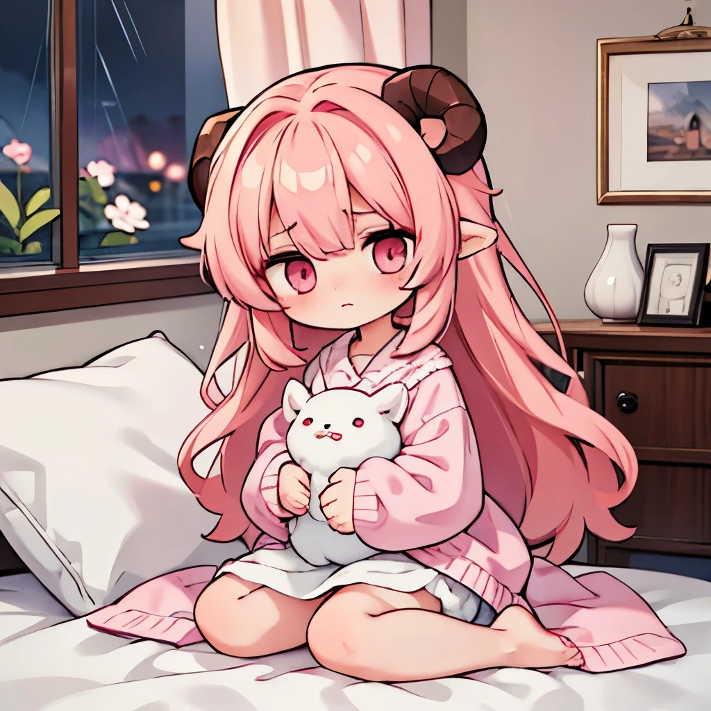 An anime-style illustration of ‘Fua-chan’ feeling scared during a typhoon at home. Fua-chan has distinctive features: long pink hair styled in soft curls resembling sheep’s horns, and pink eyes. She is depicted sitting in a cozy room, clutching a blanket or pillow with a worried expression as she listens to the howling wind and heavy rain outside. Her eyes are wide with fear, and she might be glancing nervously toward a window where the storm is raging. The background shows a dimly lit room with curtains drawn, creating a tense and anxious atmosphere as she endures the storm.