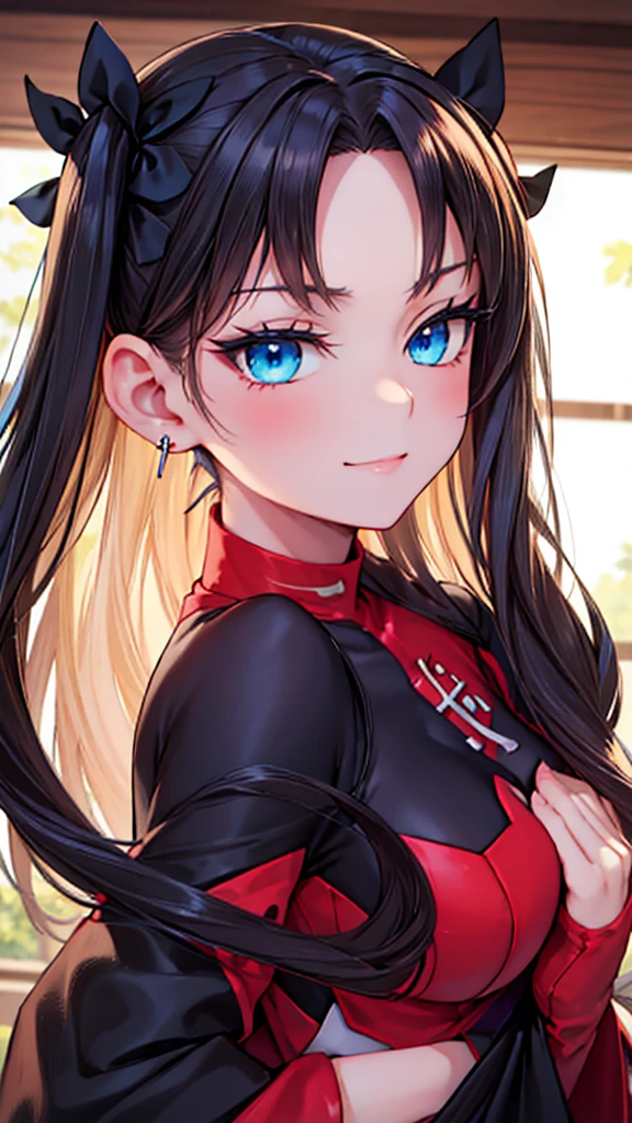 Rin Tohsaka, High definition, super resolution, well-defined and detailed artwork down to the smallest details, 4K, full hd, She is smiling, beautiful, well-defined blue eyes, high qualiy, make-up, aretes, Some accessories, looking the viewer, Full-body image, flegs , hands, well-defined and well-drawn arms and feet 