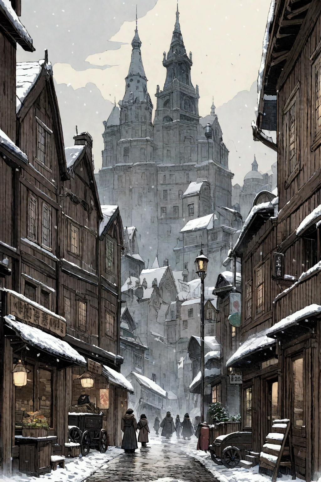Rough hand-carved woodcut, heavily snowing day, buildings, carriages, store signs, passersby, good old-fashioned images, color, highest image quality.