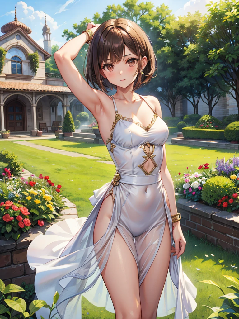 In the background of the garden is a slim brunette girl with short hair brown almond eyes. She is dressed like the King of Fighters dance. 　