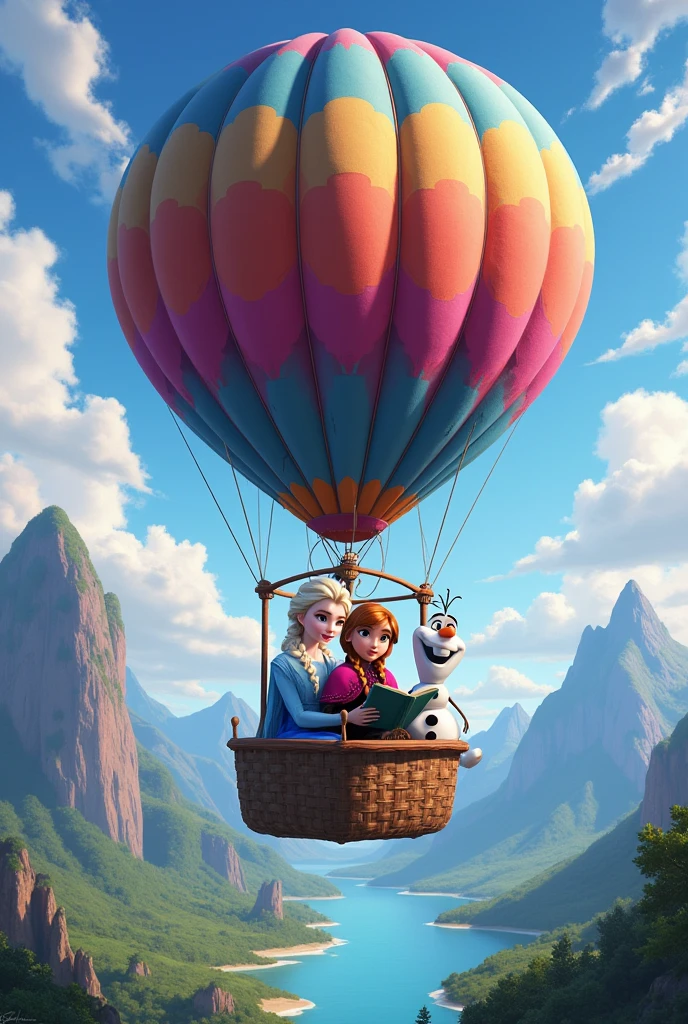 Elsa from Frozen with Olaf and Anna reading a book and traveling in a hot air balloon with a beautiful landscape.
Add text that says Traveler Backpack