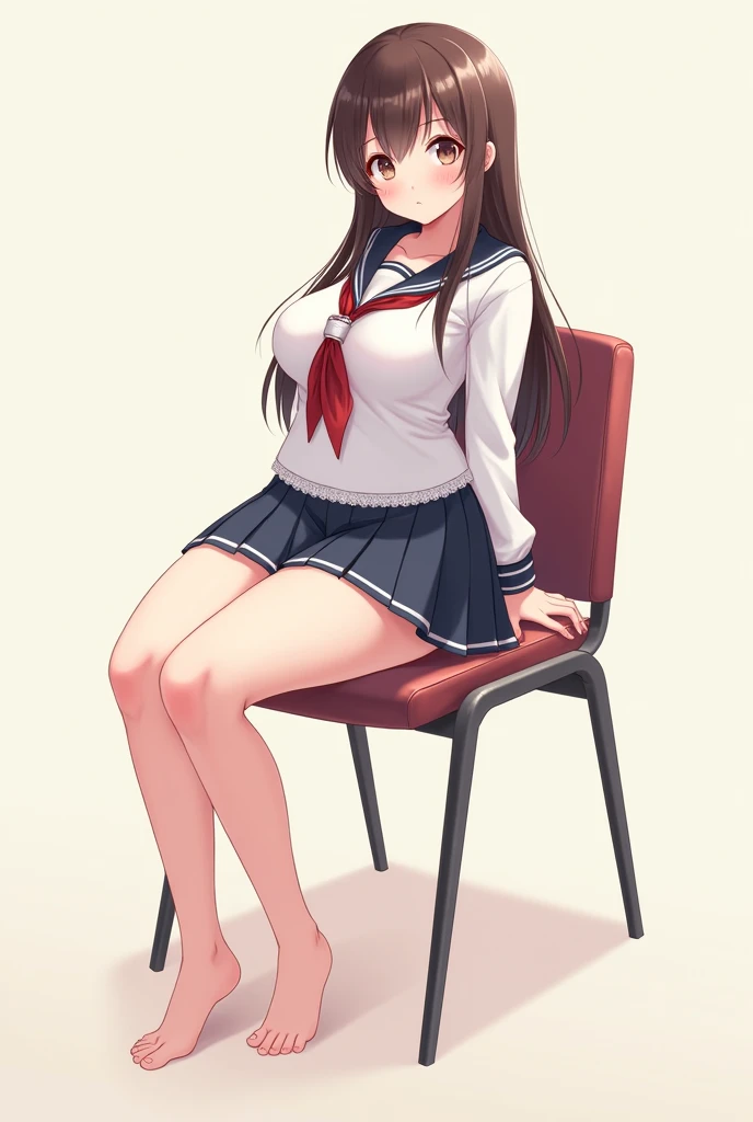 Student anime girl with big breasts sitting on a chair with thick thighs