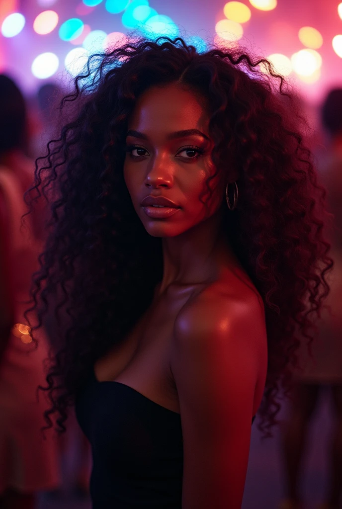 dark skin woman, with long curly hair, at a party
