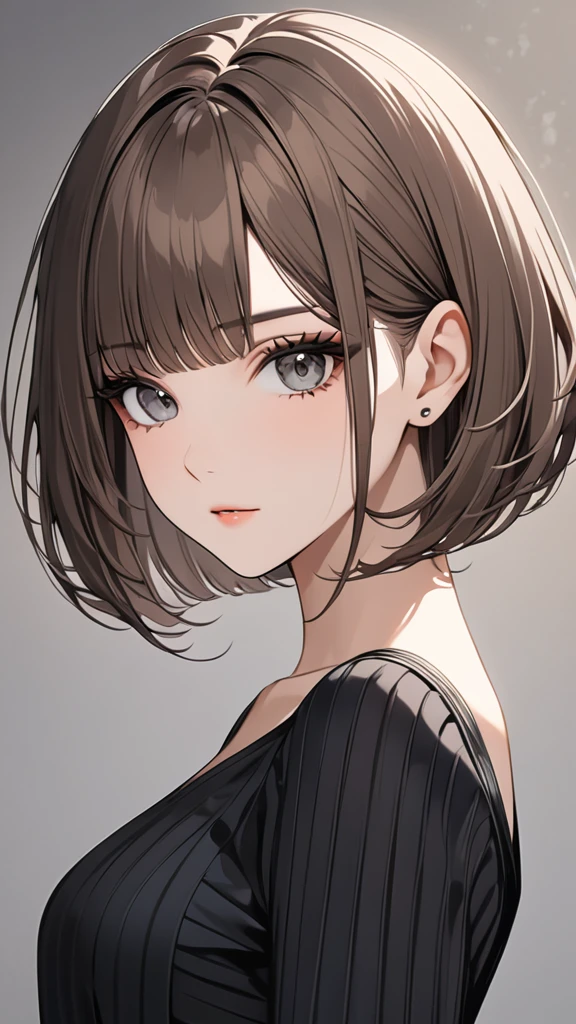 Highest quality masterpiece High resolution masterpiece Brown Bob Grey Eyes blunt cut