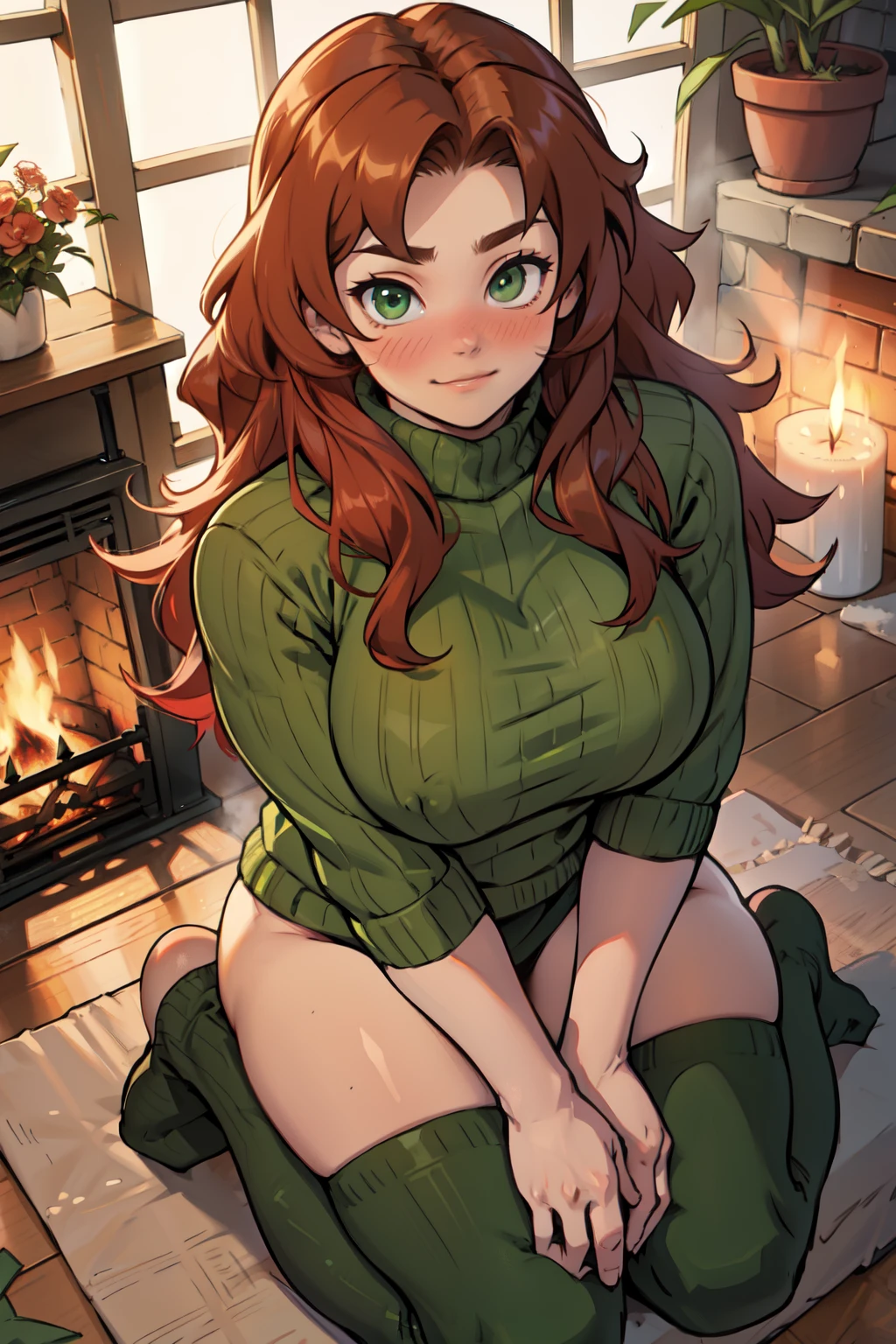 girl redhead green eyes wavy hair curly hair voluminous hair joyful cozy indoors grey sweater home warm fireplace massive breasts thick blush kneeling down from above from above from above