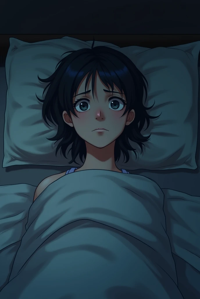 A person on top of the bed, not sleeping, with tired eyes as if they didn't have a very good sleep