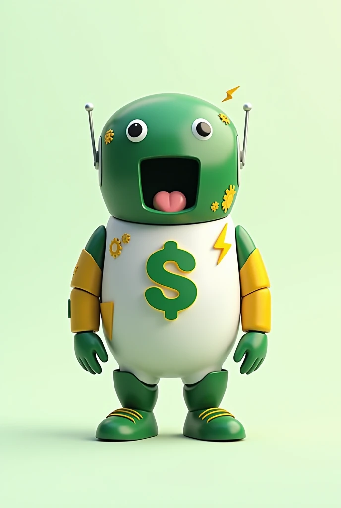 Create a mascot for the startup Pague Bem Brasil, a fintech focused on automated billing solutions and efficient communication with clients through channels like WhatsApp. The mascot should represent the company's values: innovation, efficiency, accessibility, and a friendly yet professional approach. The design should be inspired by the colors and style of the company’s official logo, which uses green, yellow, and white, and it must incorporate the dollar sign, which is the brand's symbol.
The mascot should have a modern and friendly appearance, capable of creating an emotional connection with users. It should incorporate elements that represent effective communication, like message icons, as well as symbolize efficiency and agility, such as gears or a lightning bolt. The dollar sign, as the brand's symbol, can be creatively integrated into the mascot's design, perhaps as a detail on its body or as an accessory.
The character should be adaptable to different situations, from friendly interactions to more formal moments, reflecting the communication stages of Pague Bem Brasil. The primary colors should be green, yellow, and white, in harmony with the company’s logo.