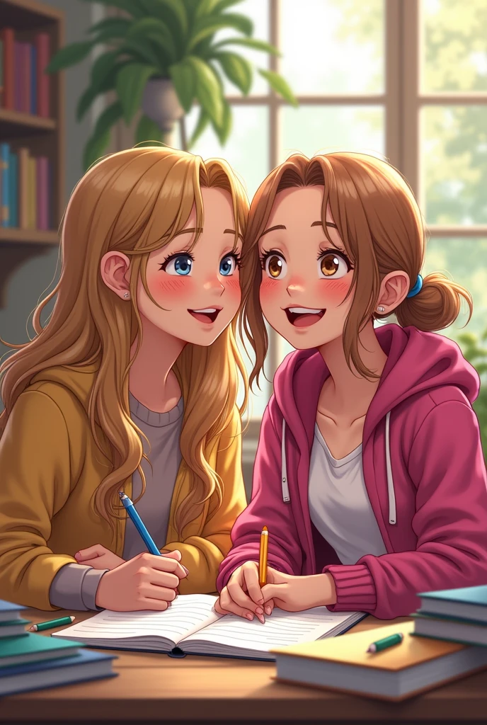 two middle school best friends. One with dirty blonde long hair. The other one with hazel ish eyes dirty blonde hair and a pink jacket. Make them laughing while doing work.