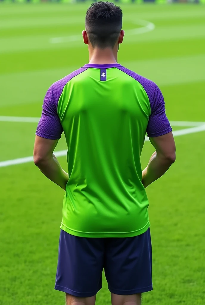 a green soccer jersey with some small purple details 