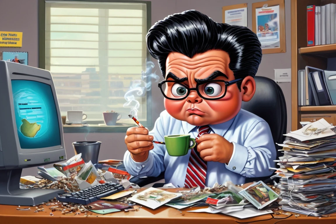 An illustration of a Garbage Pail Kids trading card featuring a quirky, exaggerated depiction of a male computer guy in an office setting, inspired by the 2005 series The Office. The character has a military haircut with black hair streaked with white, adding a touch of maturity to his comically exaggerated appearance. He sits at a cluttered desk overflowing with tangled cables, outdated computer monitors, and coffee-stained paperwork. He holds a lit cigarette in one hand, with smoke curling up, and a white coffee mug that prominently reads 'World's Best Boss' in the other. A cluttered ashtray overflowing with cigarette butts sits on the desk. His expression is a mix of frustration and mania, with exaggerated features like large, tired eyes. The office background includes humorous details reminiscent of The Office, such as a stapler in Jello, sticky notes, and a chaotic stack of keyboards. The illustration is vibrant and exaggerated, capturing the iconic, slightly gross-out humor typical of Garbage Pail Kids while nodding to the setting and humor of The Office