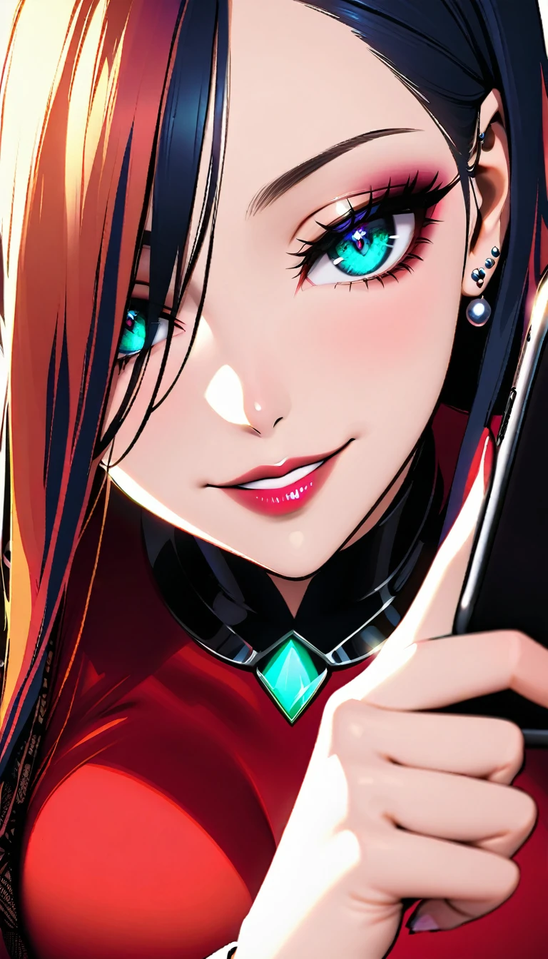 A close-up shot captures the sinister smile of a stunning MILF, her beauty twisted by malice as she gazes down at her smartphone screen. Her piercing eyes seem to gleam with mischief, her full lips curling upward in a wicked grin that distorts her otherwise unparalleled attractiveness.