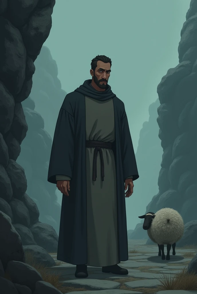 A pastor searching and one more sheep on the side hidden in a sad animated stone