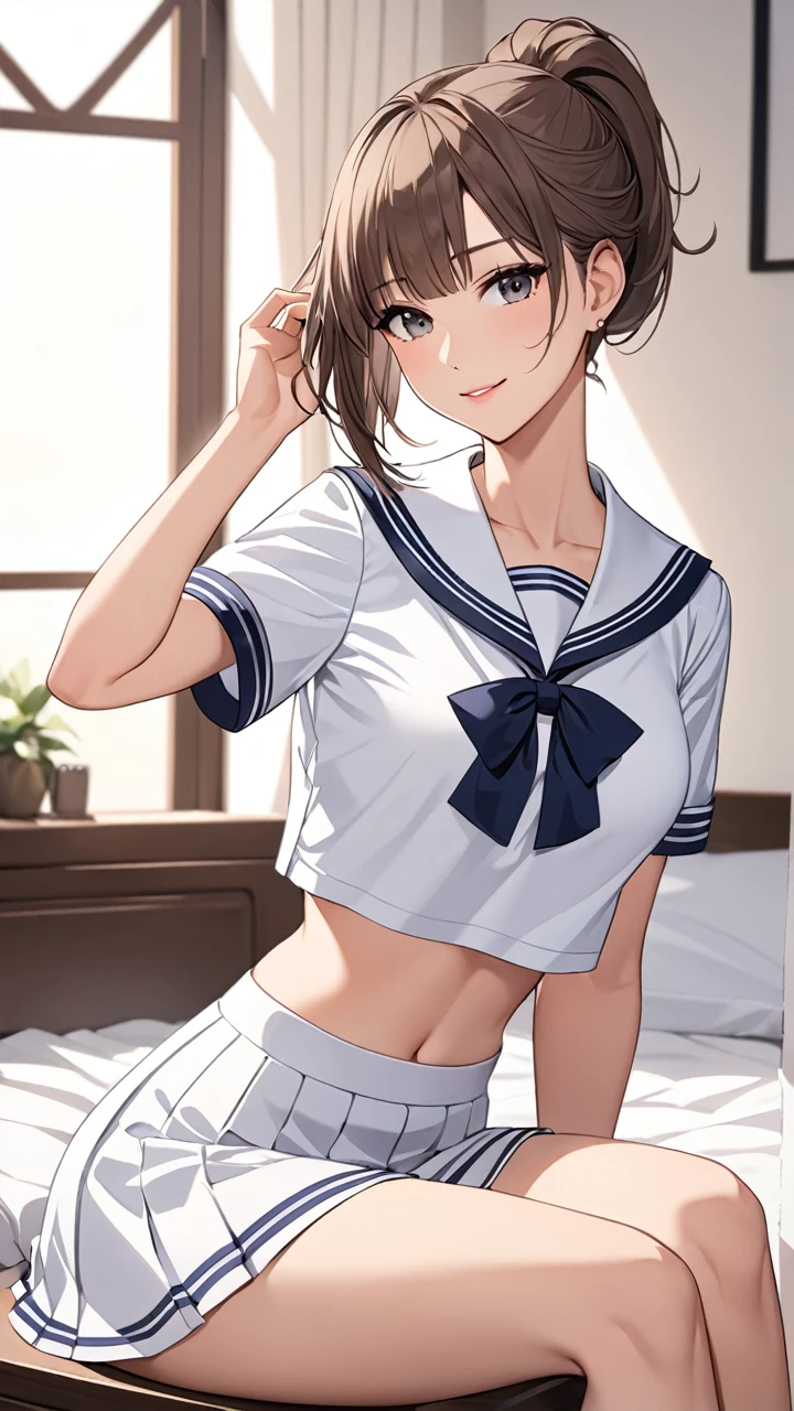 Highest quality　masterpiece　High resolution　masterpiece　Brown Bob　　Grey Eyes, high pony tail cut, wearing sailor uniform, seductive smile, tight, sit, bedroom, midriff peek, mature female, adjusting hair, overhang