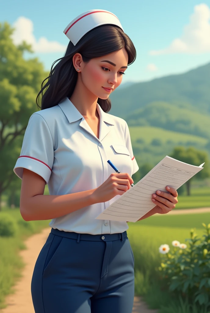 Community nurse in a rural area wearing a white uniform and navy blue pants filling out vaccination forms