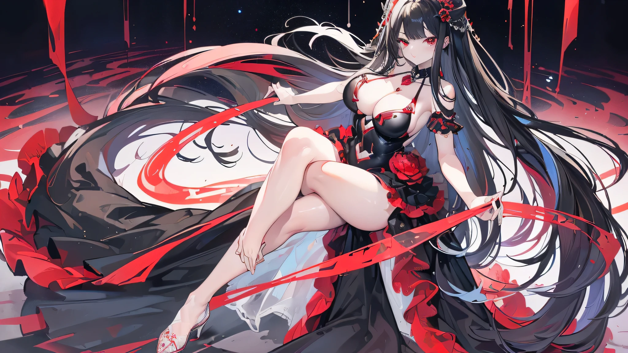 Exquisite eyes),(Clear and beautiful eyes:1.61),masterpiece, 1 young girl,(Black clothes and some red gems), Black long hair, (She has a huge red gem on her chest), Good Hand,((The Havoc of StarCraft)),full-body shot,Fighting Stance,(Red Eyes:1.466)，short and small,(Very big breasts:1.35),(Pretty Face),(full-body shot:1.33),Beautiful hands