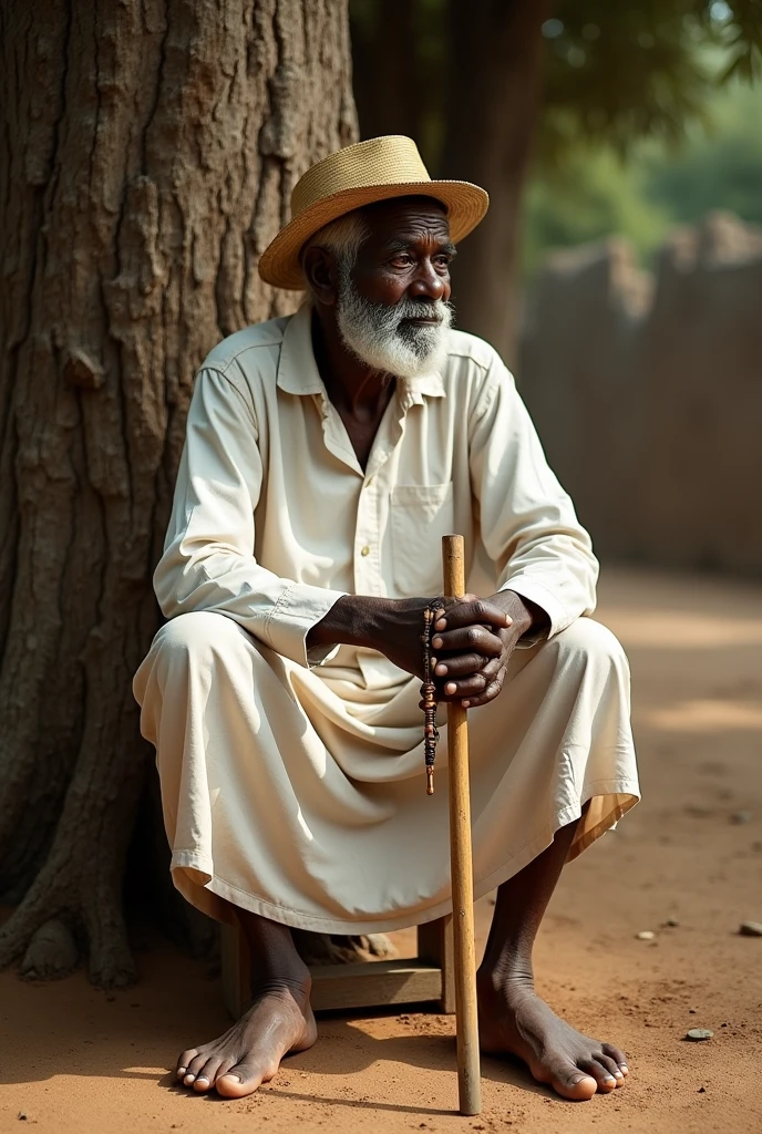 Old black man with a straw hat
White clothes
Wooden rosary in hand
With a small wooden cane
Sitting on a small wooden stool
Next to a tree
Barefoot