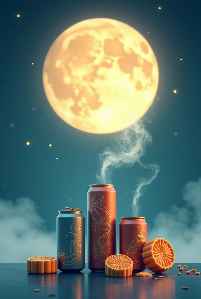 4K，Graphic design，Geometric composition，during night，Huge Full Moon，A small amount of smoke，Cans，A small amount of Cantonese egg yolk mooncakes, Mooncake size, poster for, Fresh style background, Attractive,Ultra HD，tmasterpiece，romanticism lain, Minimalism,  Close-up, 8K,ccurate, Best quality, hyper HD