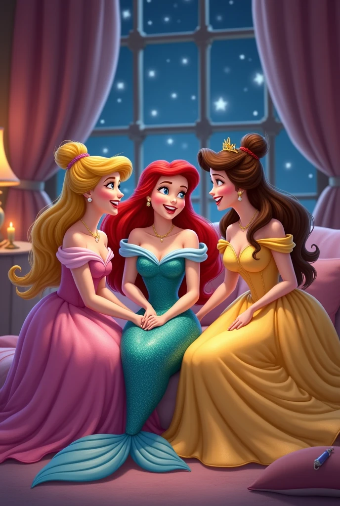 Sleeping Beauty in a pink dress, Ariel in a tifanny dress and Belle in a yellow dress. the 3 friends in a sleepover night having fun, talking and laughing