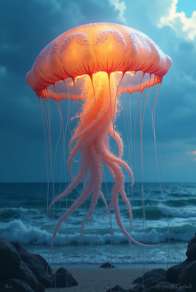 A jellyfish as real as possible, expressive, image that conveys a positive psychological message, motivational, How do you transmit power?, that swims in the waves, on the seashore, what does destiny represent