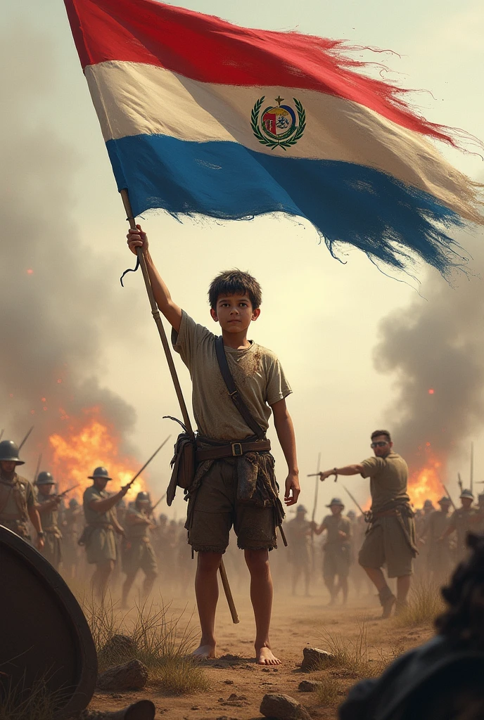 a tall boy, barefoot and thin with torn and dirty clothes, in the midst of a battle during the 1770 war
 holding the Paraguayan flag, red in color, white and blue horizontally