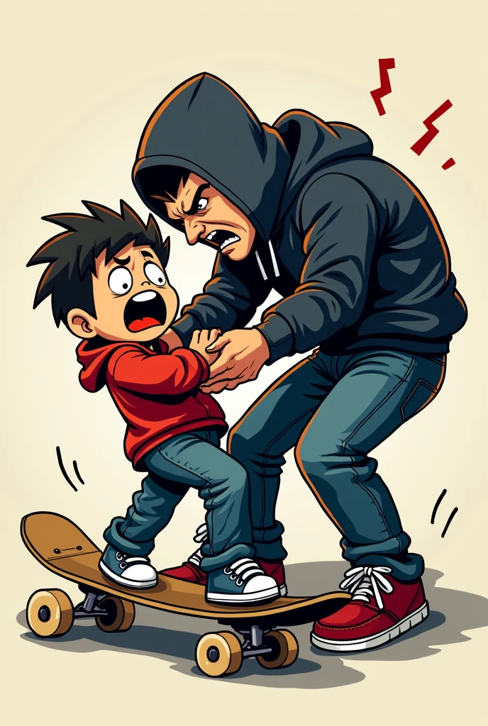 i want an image for a logo, with a skateboarder being held by the shirt by a hater in an aggressive way, and the skateboarder looking scared in the shape of a carton.