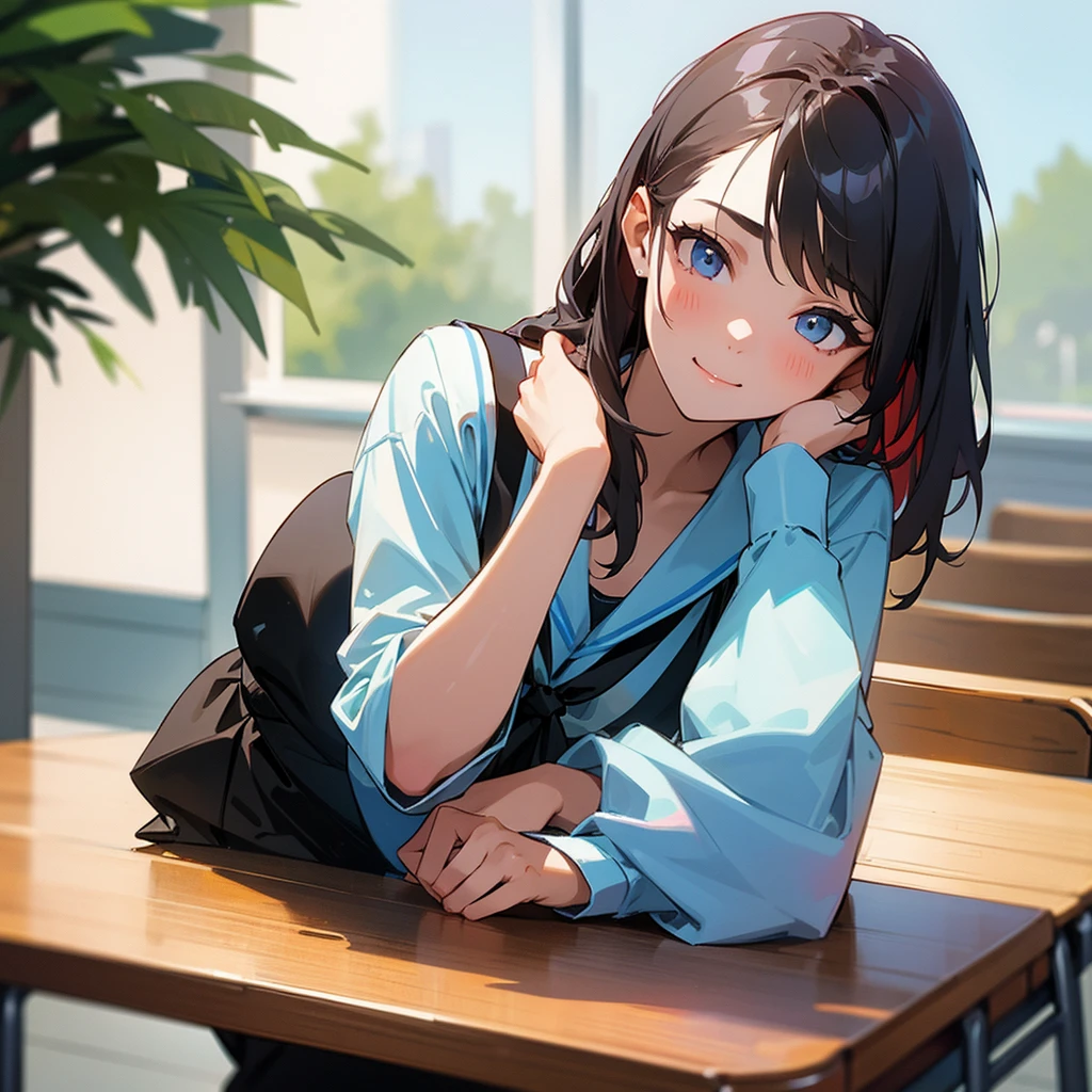 a beautiful girl , dressed as a student , leaning on a table and looking at me as if she were in love