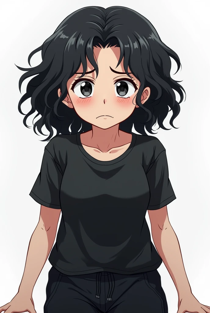 old female patient, black curly hair, ((wrinkles on face)), perfect symmetrical eyes, black pupils, looks miserable due to overuse of medicine, black blouse, black jogging pants, tired emotion, focus on face and torso, transparent background, anime style, best quality, masterpiece