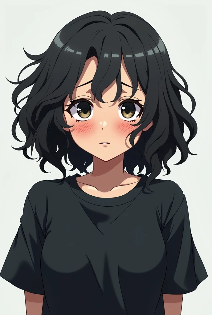 old female patient, black curly hair, ((wrinkles on face)), perfect symmetrical eyes, black pupils, looks miserable due to overuse of medicine, black blouse, black jogging pants, tired emotion, focus on face and torso, transparent background, anime style, best quality, masterpiece