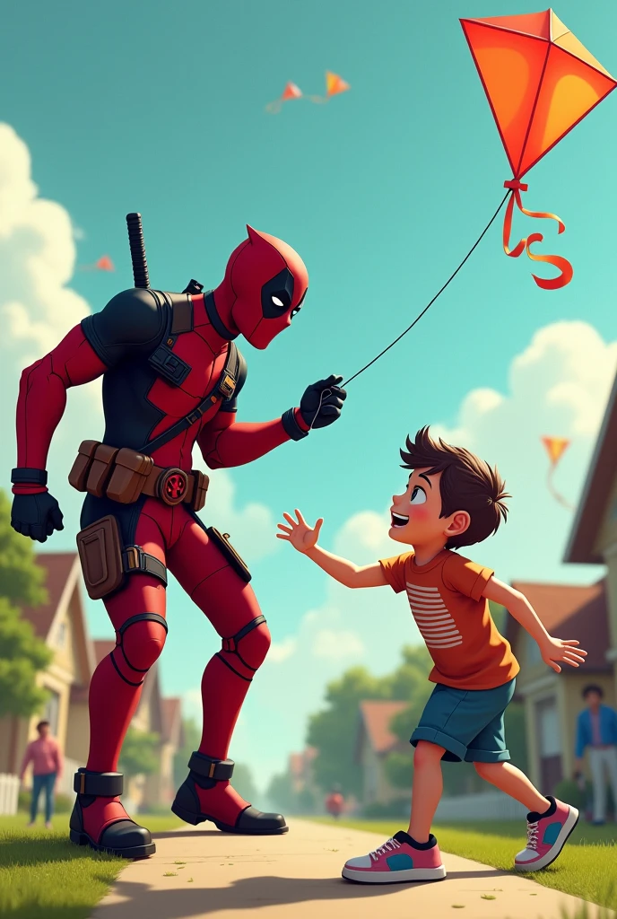 Deadpool cutting the string of a child's kite and asking for silence so they don't tell his secret