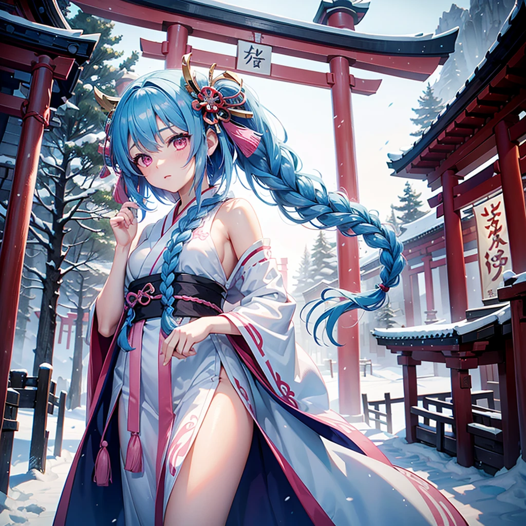 (Tying her sky blue hair into a single braid),(Pink Eyes),Fair skin,whole body,alone,Snowy Night,Drawing a fortune at a temple,torii,Shrine maiden、masterpiece, Highest quality, Very detailed, Best Shadow,Detailed Background,Beautifully detailed face,High Contrast,Best lighting, Very delicate and beautiful,Cinematic Light,Hyper Detail,8k,Dramatic Light,Exquisite detail,