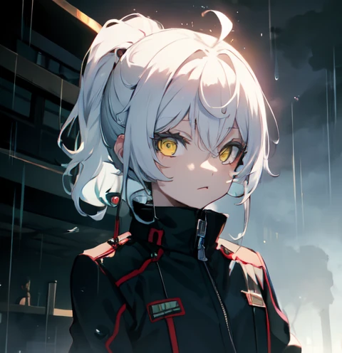 White blue hair, pony tail, yellow eyes, cool face, jacket, rain background