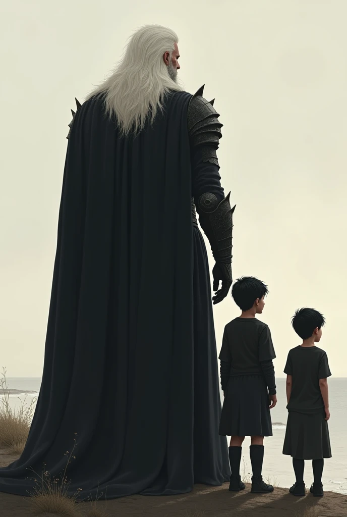 Three people with their backs turned, Father and sons,A large white-haired man with black armor, below the children, 2 twin 5--old ldren looking at the horizon. 2 crianças de cabelo preto